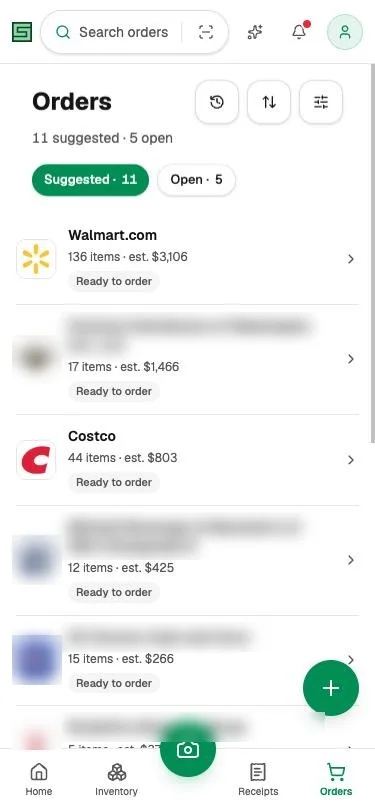 Stocklen Orders screen with a suggested order for each vendor