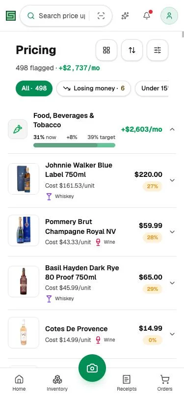 Stocklen Pricing screen listing items below the target margin with their cost and price